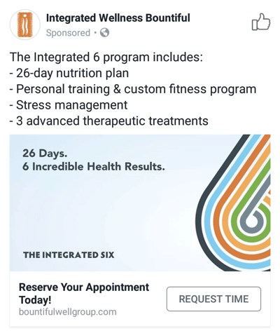 Τεχνικές διαφήμισης στο Facebook που παρέχουν αποτελέσματα, για παράδειγμα από το Integrated Wellness Bountiful που προσφέρει ώρες ραντεβού