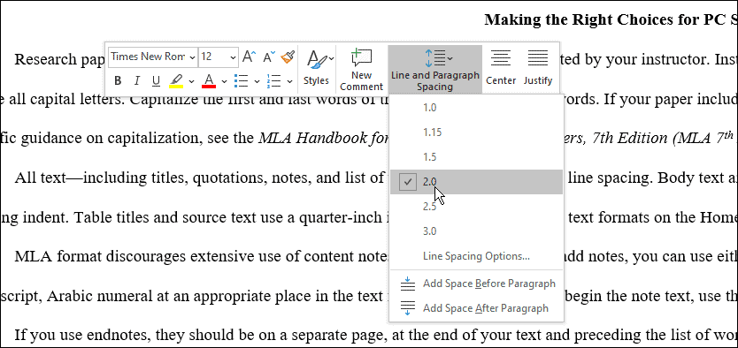 κενά χρησιμοποιήστε τη μορφή mla στο Microsoft Word