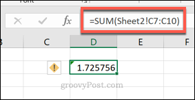 Ένας τύπος Excel SUM χρησιμοποιώντας μια περιοχή κυττάρων από ένα διαφορετικό φύλλο εργασίας