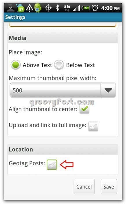 Wordpress στο Android Προσθέστε ρυθμίσεις geotag στα μέσα