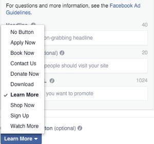 Επιλογή κουμπιού παρότρυνσης για δράση διαφήμισης καρουσέλ facebook