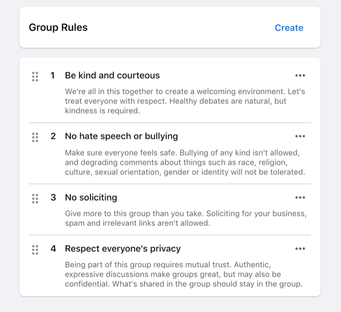 παράδειγμα κανόνων που έχουν οριστεί για μια ομάδα facebook, όπως ευγένεια, χωρίς ρητορική μίσους, καμία πρόσκληση κ.λπ.