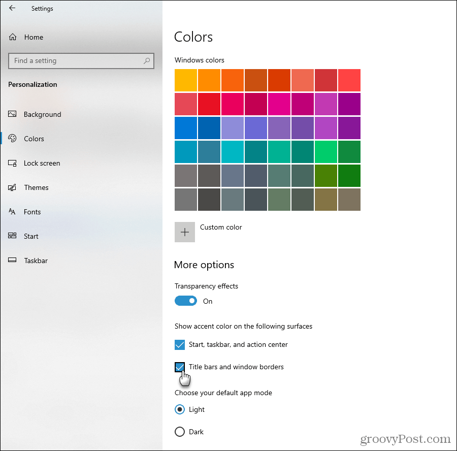 Εμφάνιση επιλογών χρώματος τόνου στα Windows 10