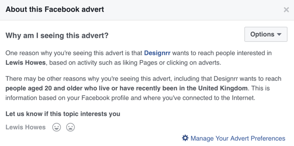 Το Facebook θα εμφανίζει λεπτομερείς πληροφορίες στόχευσης για μια διαφήμιση στο Facebook.