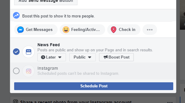 Πώς να κάνετε cross-post στο Instagram από το Facebook σε επιτραπέζιο υπολογιστή, το παράδειγμα της επιλογής cross-post στο Instagram δεν είναι πλέον διαθέσιμο κατά τον προγραμματισμό μιας ανάρτησης στο Facebook