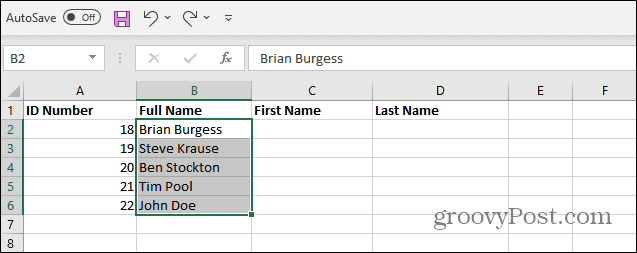 Επιλέξτε Ονόματα από τη λίστα Excel