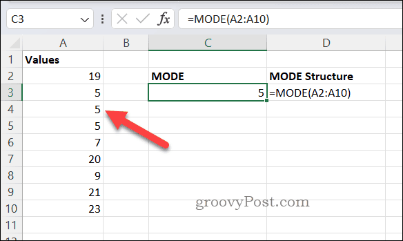 Το αποτέλεσμα του τύπου MODE στο Excel