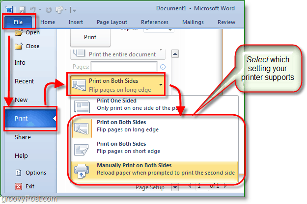 Το Screenshot Micosoft Word 2010 Screenshot προσαρμόζει τις ρυθμίσεις εκτύπωσης για εκτύπωση και στις δύο όψεις