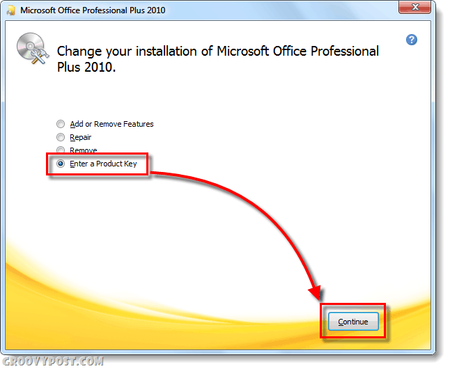 Office 2010 αλλάξτε την οθόνη του κλειδιού προϊόντος