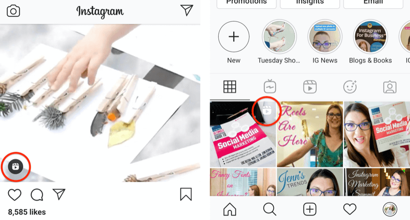 το εικονίδιο τροχών instagram εμφανίζεται σε μια τροφοδοσία και ένα τετράγωνο πλέγματος προφίλ