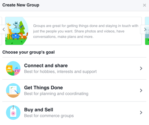 Για να δημιουργήσετε μια ομάδα Facebook που εστιάζει στη δημιουργία μιας κοινότητας, επιλέξτε Σύνδεση και κοινή χρήση.