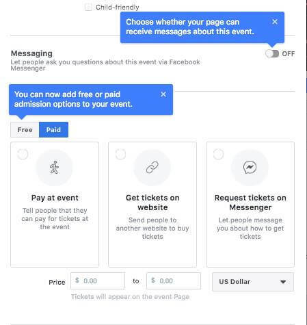 Το Facebook φαίνεται να δοκιμάζει την επιλογή να επιτρέπει στους χρήστες να κάνουν ερωτήσεις μέσω του Facebook Messenger, να προσθέτουν δωρεάν ή επί πληρωμή είσοδος για μια εκδήλωση και ορίστε ένα εύρος τιμών έκδοσης εισιτηρίων κατά τη δημιουργία ενός Facebook Event Σελίδα.