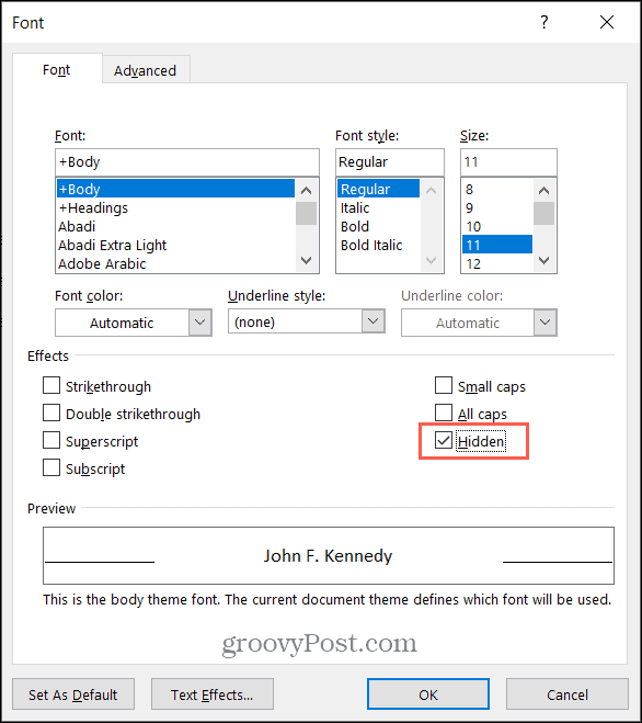 Επιλέξτε το πλαίσιο για κρυφό κείμενο στο Microsoft Word στα Windows