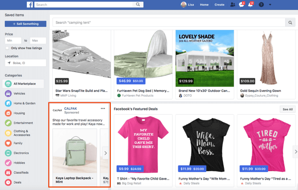 Οι σελίδες μπορούν επίσης να προβάλλουν διαφημίσεις στο Facebook Marketplace.
