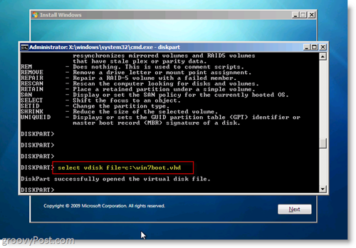 Windows 7 Native VHD Εγκατάσταση Dual Boot Επιλέξτε VHD από την εντολή CMD