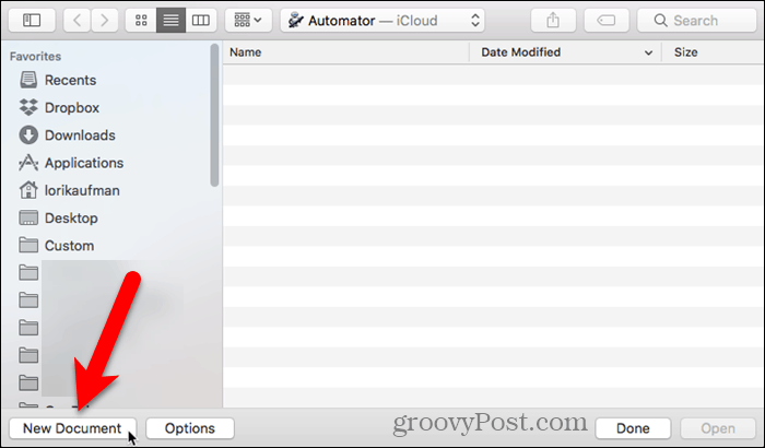 Κάντε κλικ στο κουμπί Νέο έγγραφο στο Automator