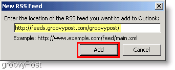 Screenshot Microsoft Outlook 2007 - Πληκτρολογήστε νέα ροή RSS
