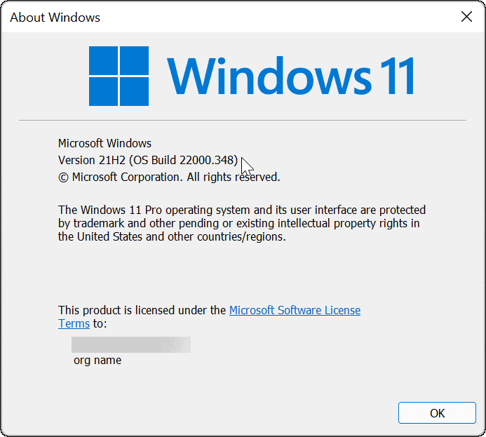 Έκδοση και κατασκευή των Windows 11 μέσω εντολής winver