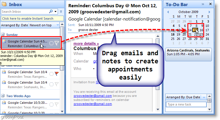 Γραμμή εργασιών του Outlook 2007 - Μεταφέρετε το μήνυμα ηλεκτρονικού ταχυδρομείου στο Ημερολόγιο