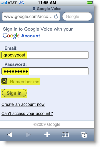 Σελίδα σύνδεσης Google Voice για κινητά