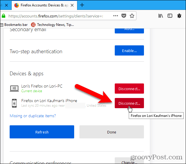Αποσυνδέστε μια συσκευή χρησιμοποιώντας το Firefox για Windows