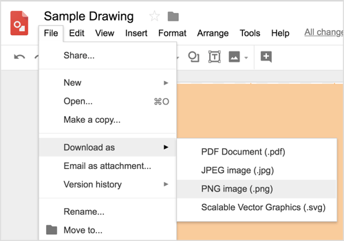 Επιλέξτε Αρχείο> Λήψη ως> Εικόνα PNG (.png) για να πραγματοποιήσετε λήψη του σχεδίου σας στα Σχέδια Google.