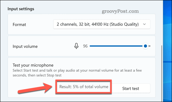 Το ποσοστό αποτελέσματος από μια δοκιμή μικροφώνου στα Windows 11