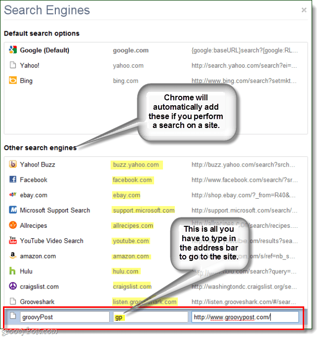 Το Chrome δημιουργεί αυτόματα άλλες μηχανές αναζήτησης, αλλά μπορείτε να εισάγετε τις δικές σας