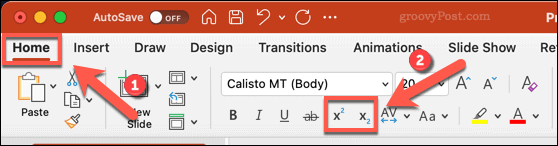 Εικονίδια για την αλλαγή κειμένου σε συνδρομητικό ή υπερκείμενο σε PowerPoint σε Mac