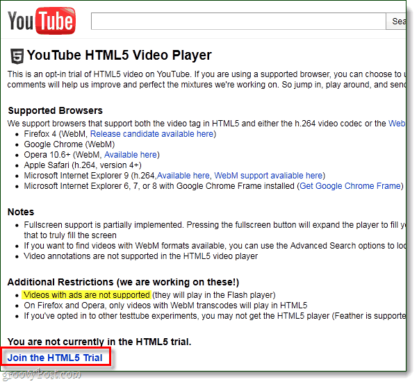 Αποκλεισμός του HTML5 στο YouTube