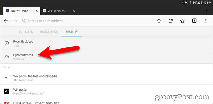 Πατήστε Συγχρονισμένες συσκευές στον Firefox για Android