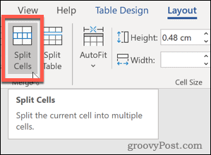 Κουμπί Word Split Cells