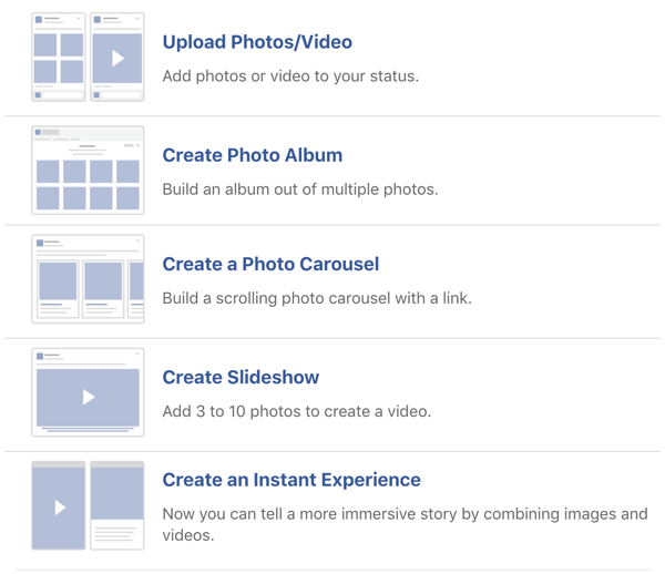Παράδειγμα επιλογών ανάρτησης εικόνων και βίντεο στο Facebook.