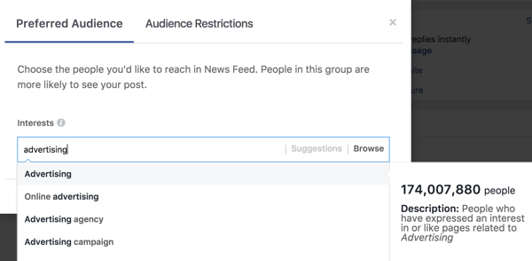 Μόλις πληκτρολογήσετε ένα ενδιαφέρον, το Facebook θα προτείνει επιπλέον ετικέτες ενδιαφέροντος για εσάς.