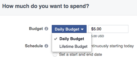 Επιλογές προϋπολογισμού διαφημίσεων στο facebook
