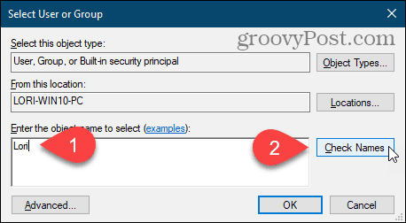 Κάντε κλικ στην επιλογή Έλεγχος ονομάτων για να εισαγάγετε το όνομα χρήστη στο παράθυρο διαλόγου Επιλογή χρήστη ή ομάδας στο Μητρώο των Windows