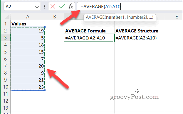Δημιουργία τύπου χρησιμοποιώντας AVERAGE στο Excel