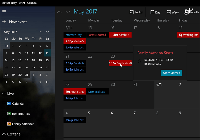 Εφαρμογή Ημερολογίου των Windows 10
