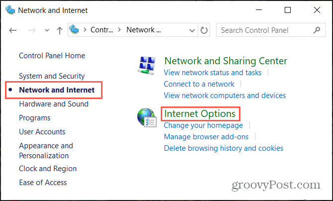 Επιλογές Διαδικτύου δικτύου στον Πίνακα Ελέγχου των Windows