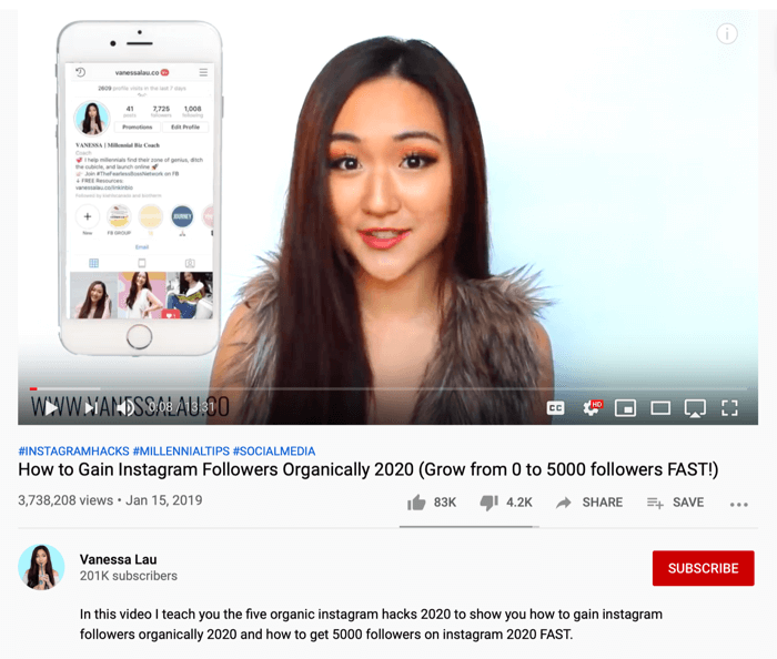 Vanessa Lau YouTube βίντεο σχετικά με οργανικές αμυχές Instagram