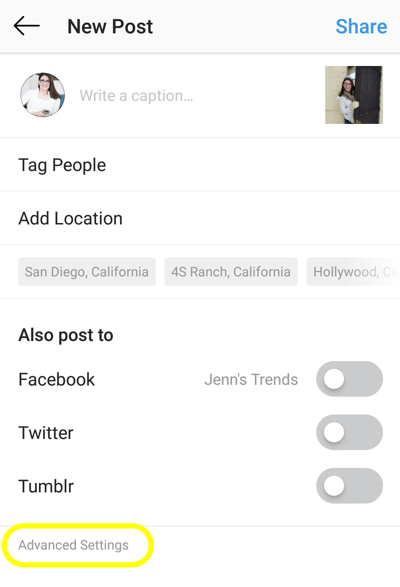 Πώς να προσθέσετε κείμενο alt στις αναρτήσεις Instagram, βήμα 1, νέα επιλογή για προχωρημένη ρύθμιση ανάρτησης Instagram