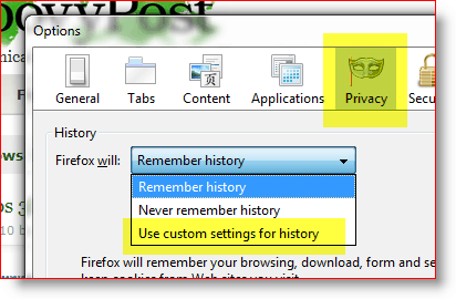 Firefox - χρησιμοποιήστε προσαρμοσμένες ρυθμίσεις για το ιστορικό