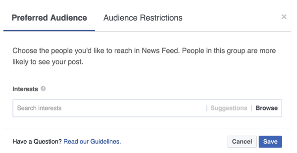 Προσθέστε ετικέτες ενδιαφέροντος που αντικατοπτρίζουν τα άτομα που θέλετε να προσεγγίσετε με την ανάρτησή σας στο Facebook.