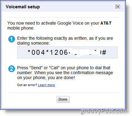 Στιγμιότυπο οθόνης - Ενεργοποιήστε το Google Voice σε αριθμό που δεν ανήκει στο google στο & t