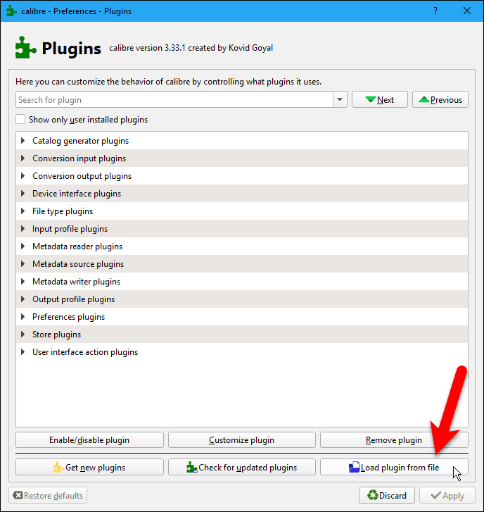 Κάντε κλικ στην επιλογή Φόρτωση plugin από αρχείο στο παράθυρο διαλόγου Plugins (Διασύνδεση) στο Caliber