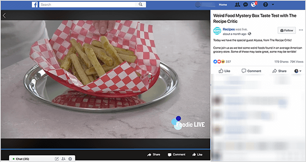 Αυτό είναι ένα στιγμιότυπο οθόνης ενός ζωντανού βίντεο που ονομάζεται Weird Food Mystery Box Taste test with the Recipe Critic. Αυτό το βίντεο εμφανίστηκε στο Facebook Watch show Recipes. Το βίντεο εξακολουθεί να εμφανίζει πρασινωπές πατάτες σε ένα κόκκινο πλαστικό καλάθι που είναι επενδεδυμένο με κόκκινο και λευκό καρό χαρτί. Αυτό το καλάθι είναι σε στρογγυλή ασημένια πιατέλα που κάθεται σε ανοιχτό γκρι μαρμάρινο πάγκο. Κάτω αριστερά βρίσκεται το κείμενο "Foodie Live". Στα δεξιά του βίντεο βρίσκεται ακόμα μια πλευρική γραμμή με τον τίτλο του βίντεο, την επωνυμία επίδειξης και το κείμενο από την ανάρτηση βίντεο: «Σήμερα έχουμε τον ειδικό καλεσμένο, την Alyssa, από το The Recipe Critic! Ελάτε μαζί μας καθώς δοκιμάζουμε κάποια παράξενα τρόφιμα που βρίσκονται σε ένα μέσο αμερικανικό μανάβικο. Μερικά από αυτά μπορεί να έχουν υπέροχη, μερικά μπορεί να είναι τρομερά! " Το βίντεο έχει 337 αντιδράσεις, 179 κοινοποιήσεις και 79K προβολές. Η Rachel Farnsworth κάνει μια τακτική ζωντανή εκπομπή στην εκπομπή της στο Facebook Watch.