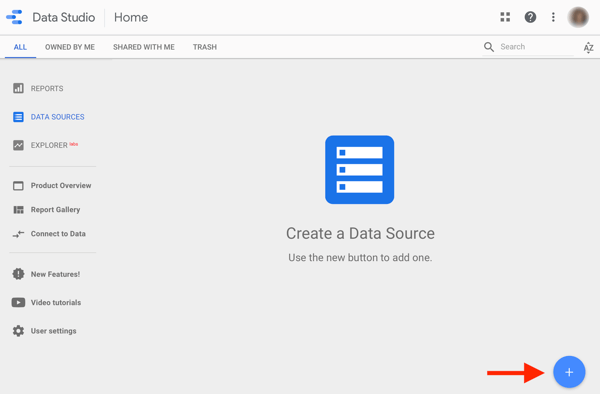 Χρησιμοποιήστε το Google Data Studio για να αναλύσετε τις διαφημίσεις σας στο Facebook, βήμα 1, επιλογή για να δημιουργήσετε μια πηγή δεδομένων στο Google Data Studio