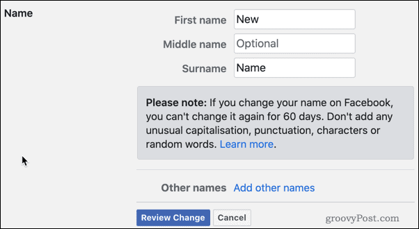 Ελέγξτε τις αλλαγές ονόματος Facebook