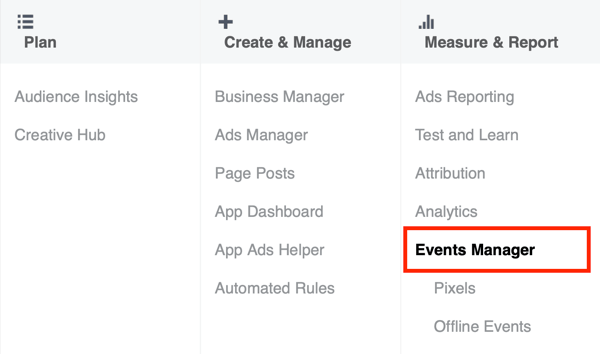 Επιλογή για να επιλέξετε Events Manager στο Facebook Ads Manager.