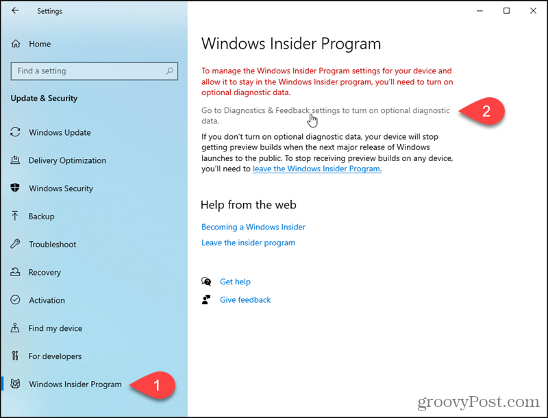 Μεταβείτε στις ρυθμίσεις διαγνωστικών και σχολίων των Windows 10
